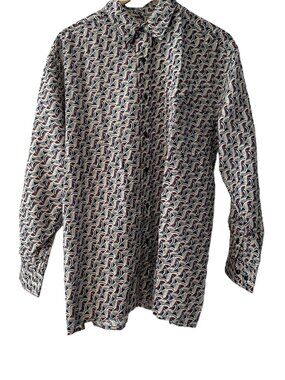 Vtg 90s Retro Geometric Print Long Sleeve Shirt Lightweight Silk Blend Mens Sz M